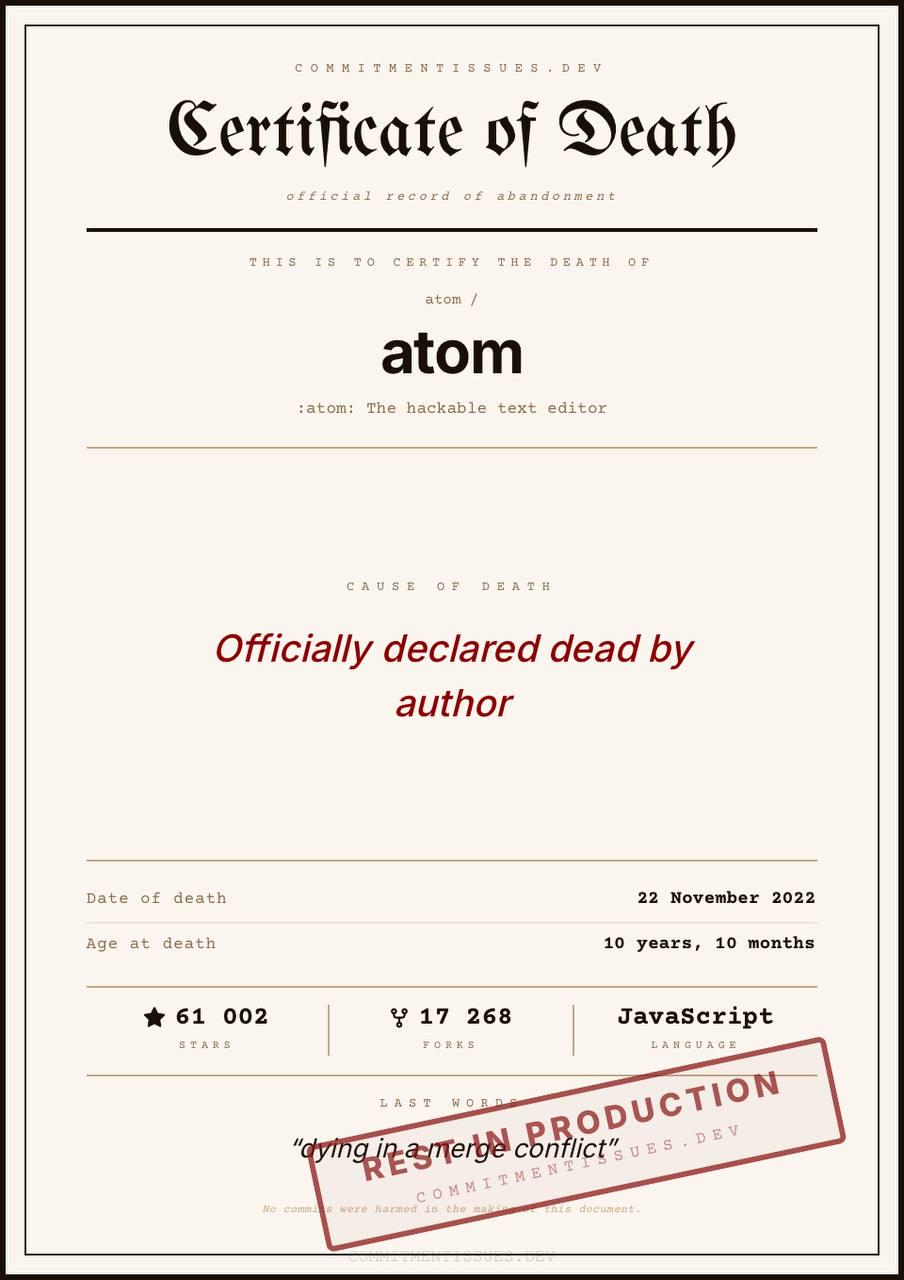 Rest In Peace Atom Editor