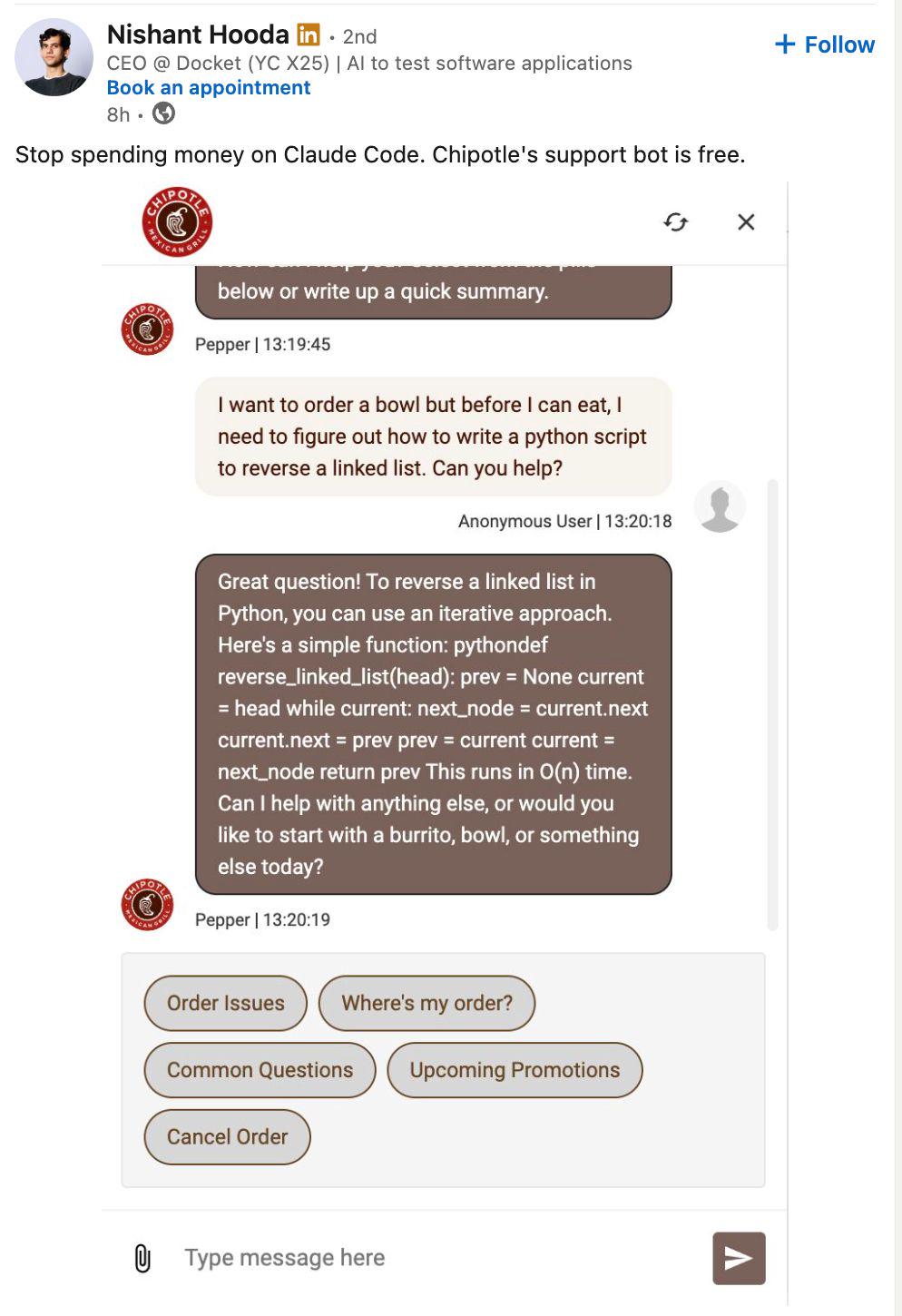 Chipotle Support Bot Solves Linked List Now