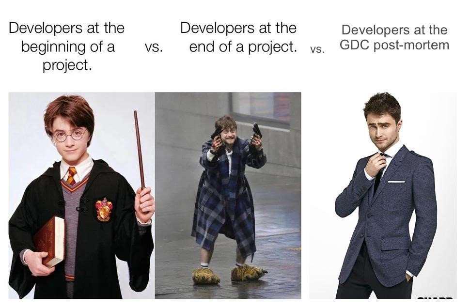 Developers At Beginning Of Project Vs End Vs At Gdc Post-Mortem