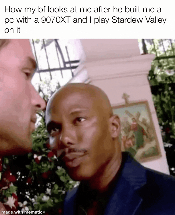 How My BF Looks At Me After He Built Me A PC With A 9070XT And I Play Stardew Valley On It